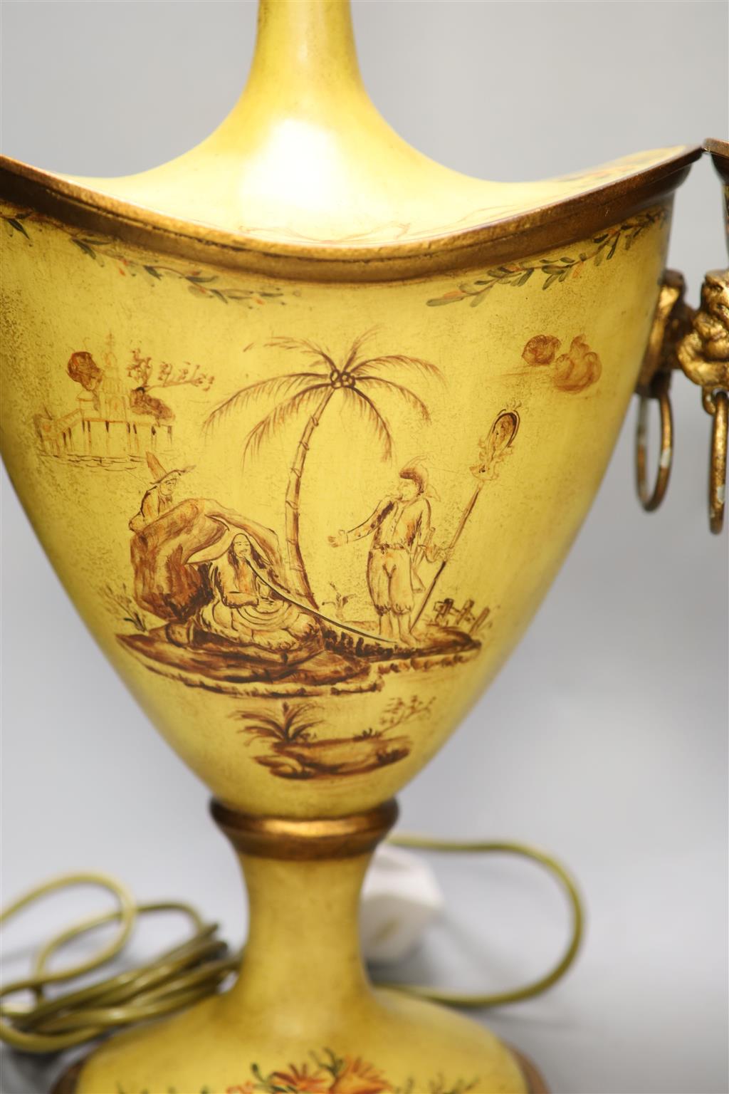 A pair of Regency style toleware lamps, height 40cm